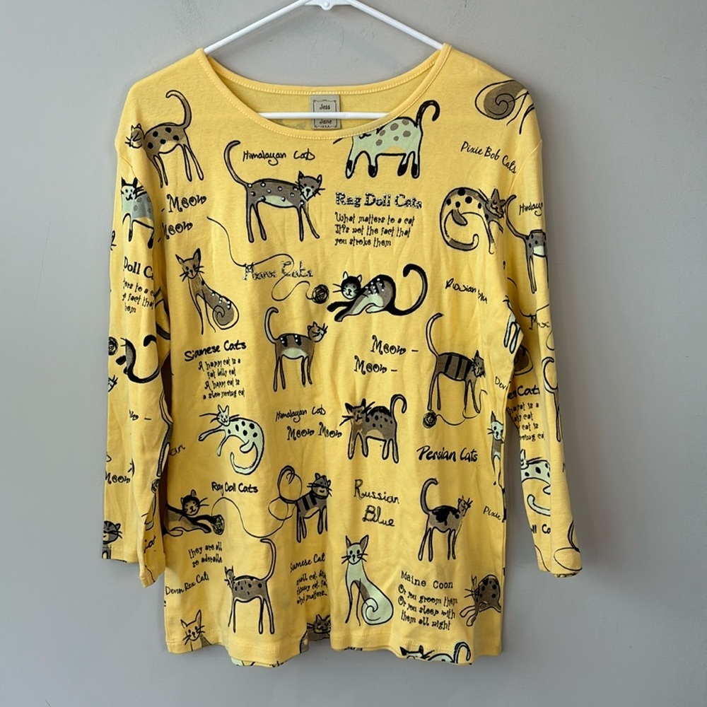 Jess & Jane yellow cat art long sleeve shirt women size medium